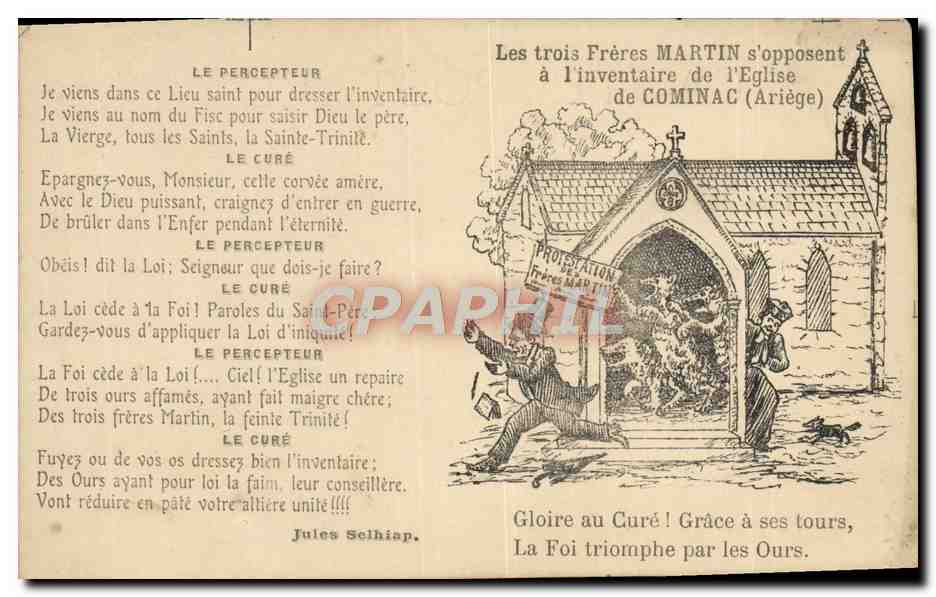 Die drei Brüder MARTIN lehnen die Bestandsaufnahme der Kirche von COMINAC (Ariège) ab — Jules Selhiap