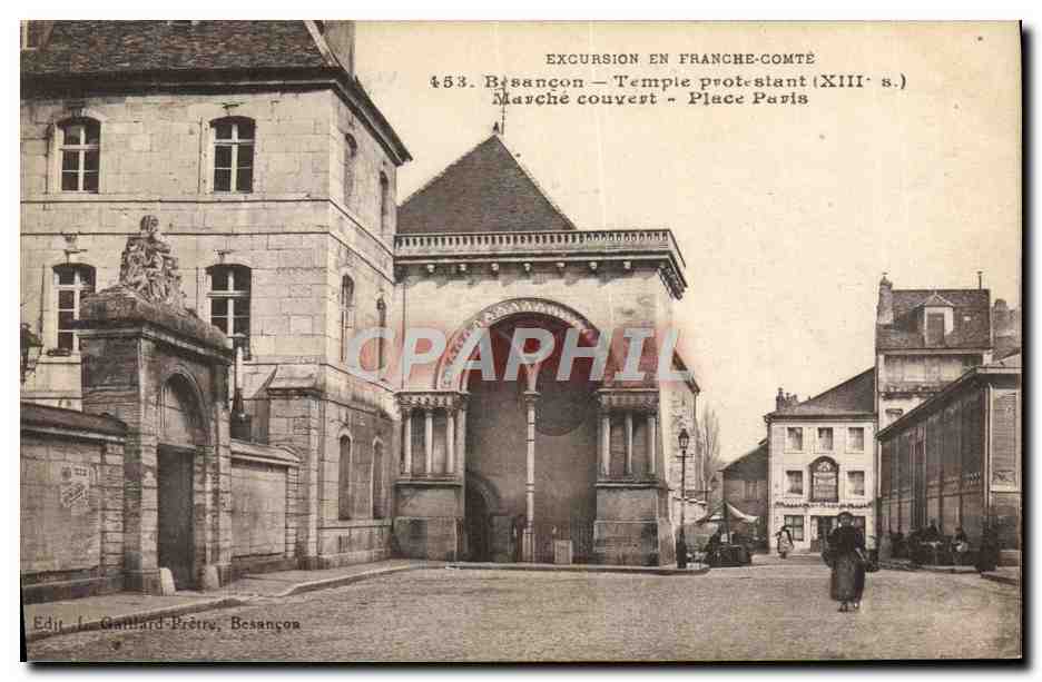 CPA Besancon Temple protestant Marche couvert Place Paris 