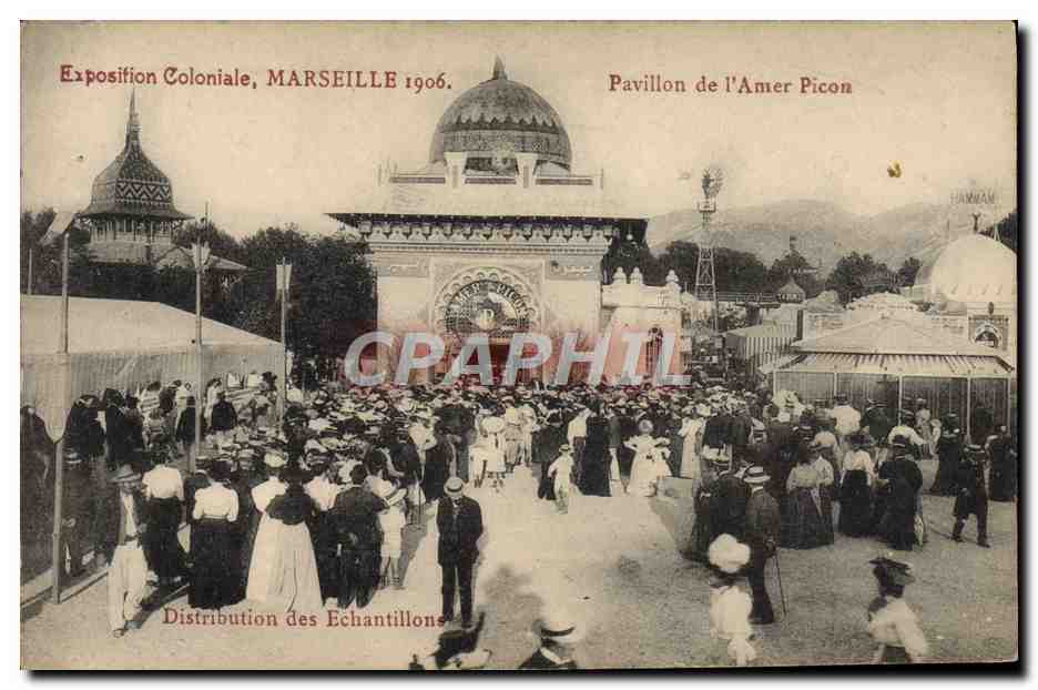Exposition Coloniale, MARSEILLE 1906 — Pavillon de l'Amer Picon — Distribution des Echantillons
