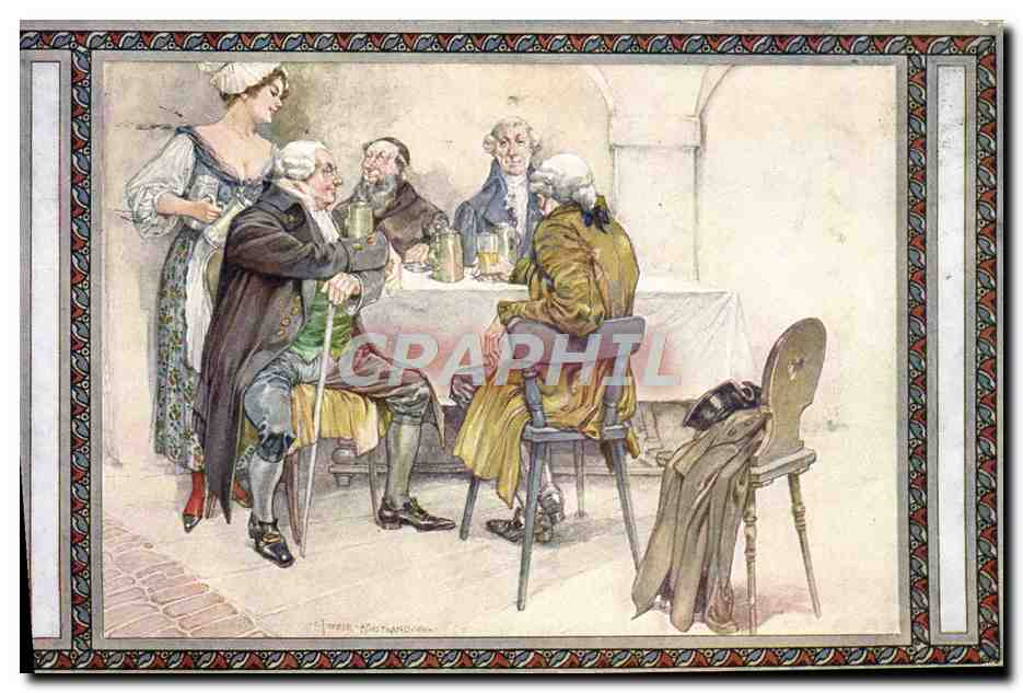 Scène de café — hommes en costume d'époque et femme en tablier — éditeur W. R. B. & Co., série 23-62
