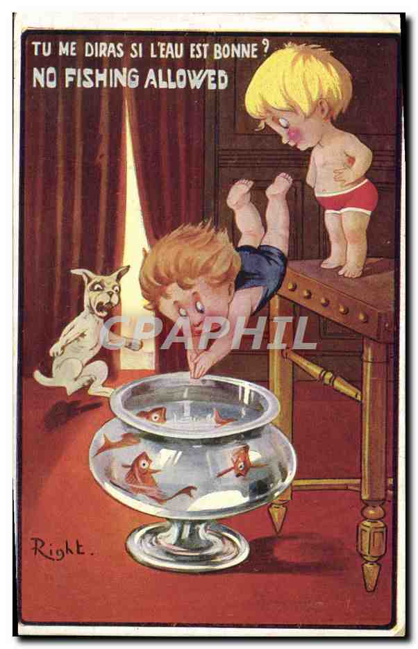CPA Illustrateur Enfants Poisson rouge Right Chien 