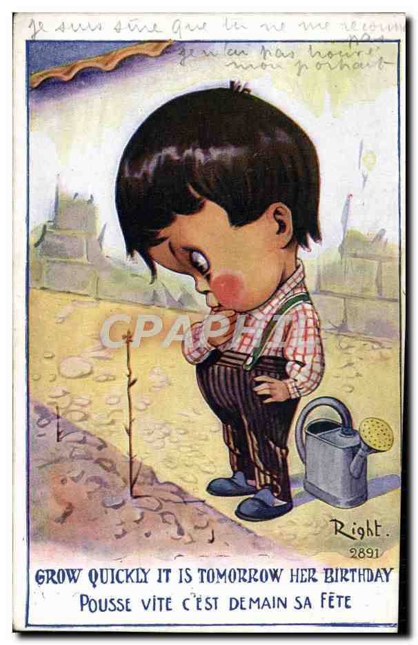 Enfant arrosant une plante — 'Grow quickly it is tomorrow her birthday' — Right, n°2891