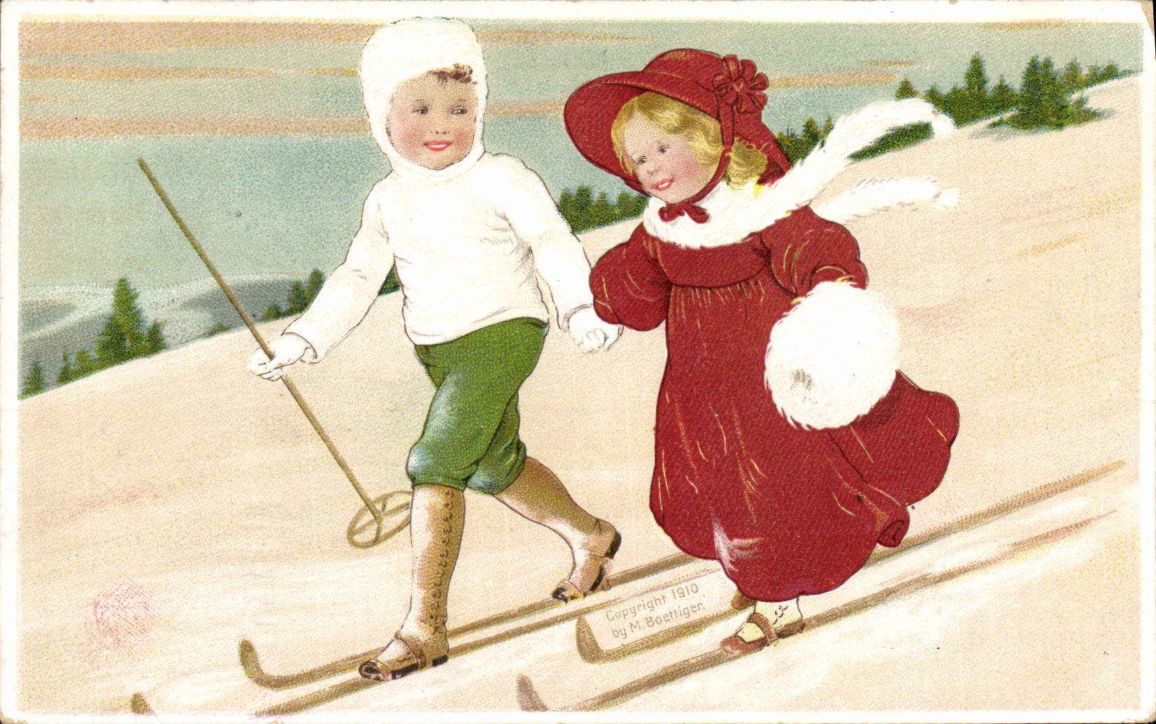 Enfants skieurs — scène hivernale — M. Boethiger, n° de série non visible