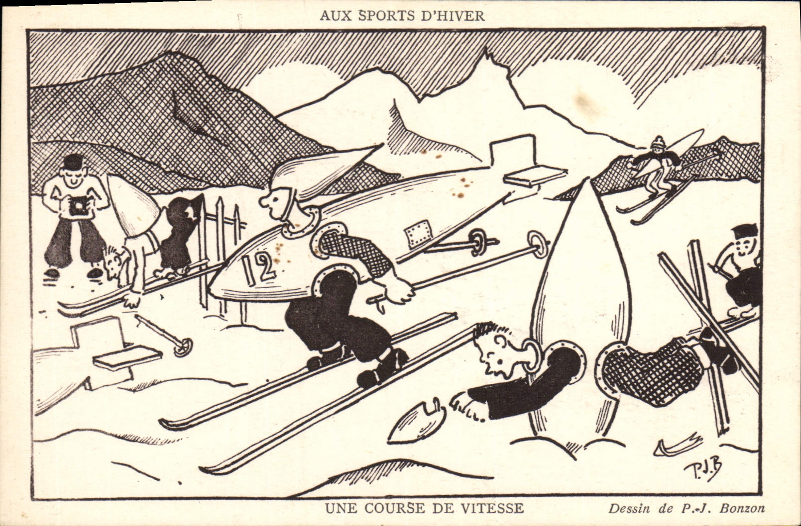 Course de vitesse aux sports d'hiver — Dessin de P.-J. Bonzon