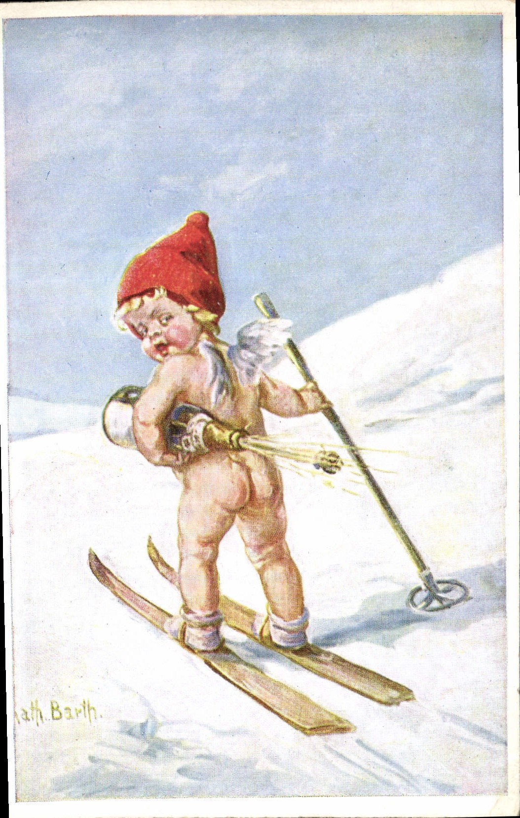 Cupido en ski — illustration de Kath. Barth — éditeur Novitas
