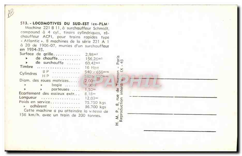 CPA Train Locomotive du Sud Est Machine 221 B 11 — Verso