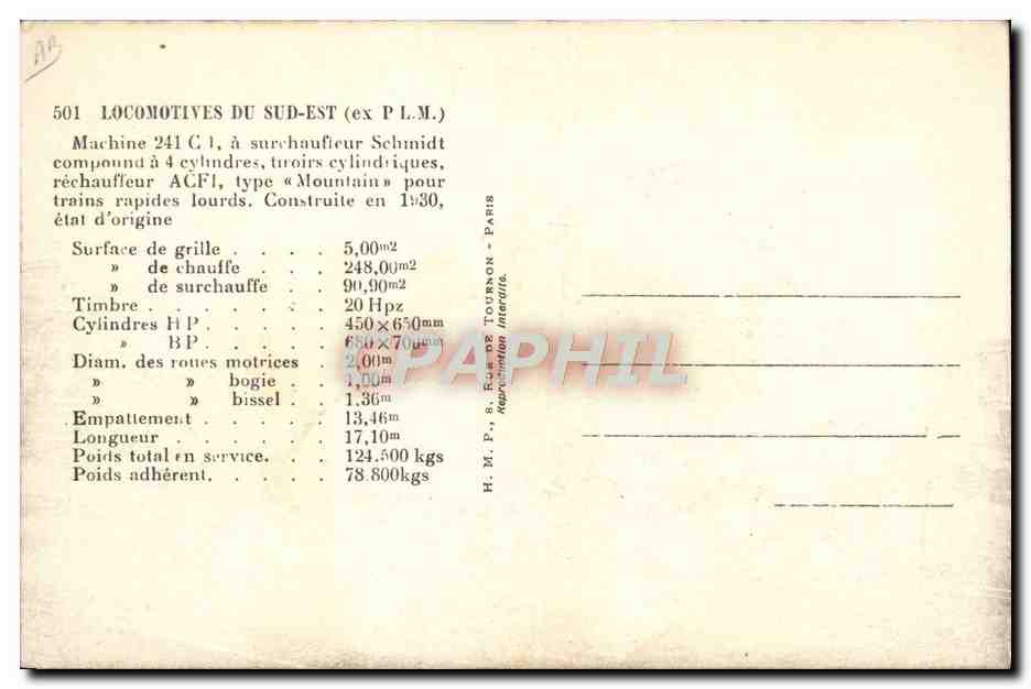 CPA Train Locomotive Sud Est Machine 241 C1 — Verso