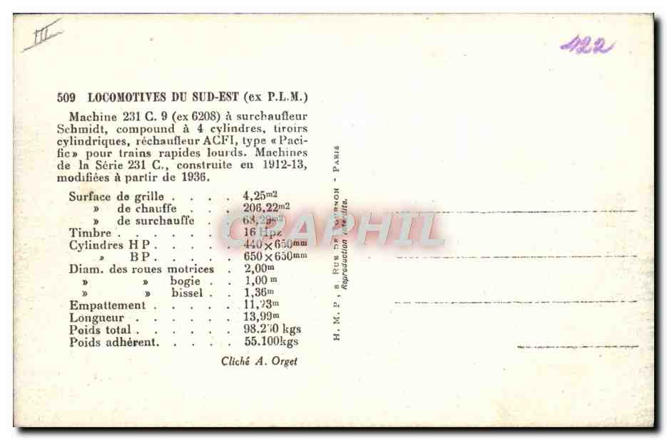 CPA Train Locomotive Sud Est Machine 231 C 9 — Rückseite