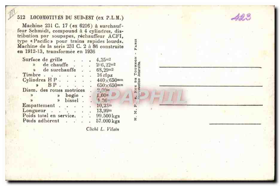 CPA Train Locomotive Sud Est Machine 231 C 17 — Verso