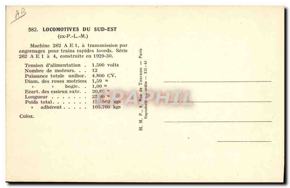 CPA Train Locomotive Sud Est Machine 262 A E 1 — Verso
