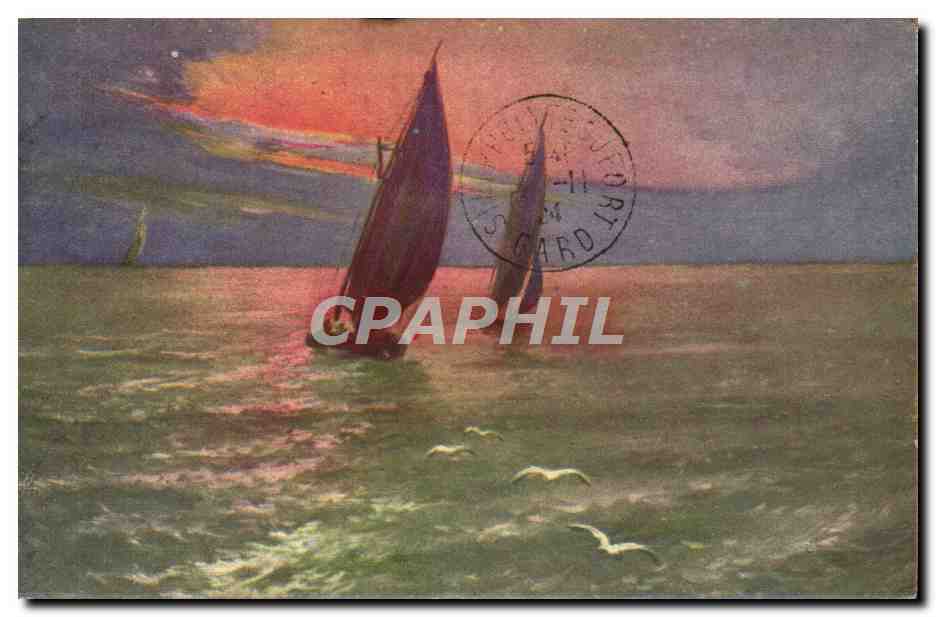 Coucher de soleil sur la mer — voiliers — éditeur non visible