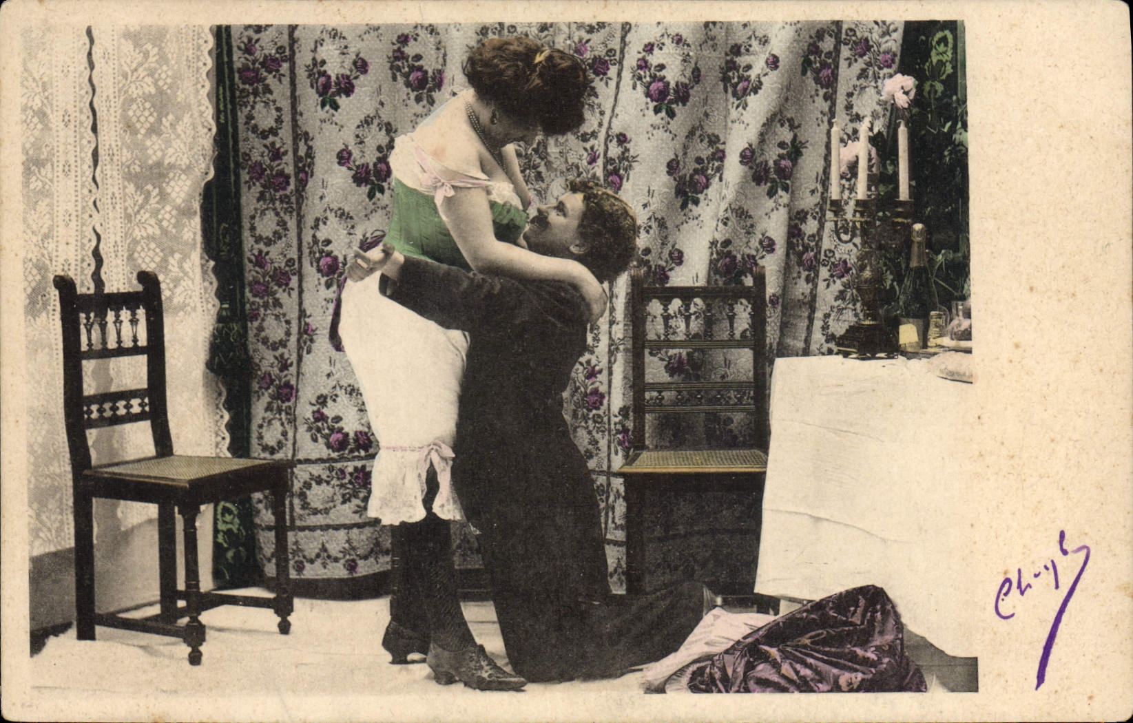 Escena teatral — pareja abrazada — editor Ch. Ch. n° 7