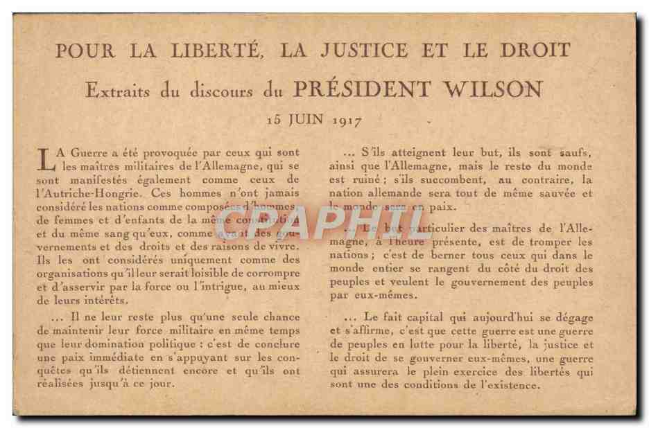 CPA Militaria President Wilson 15 juin 1917 — Verso