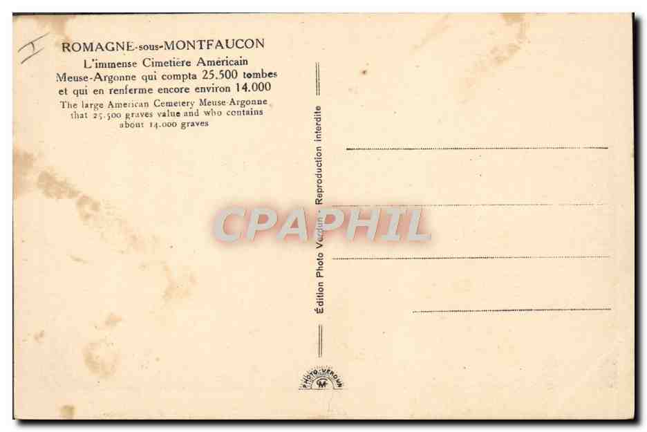 CPA Militaria Romagne sous Montfaucon Cimetiere americain Meuse Argonne — Rückseite