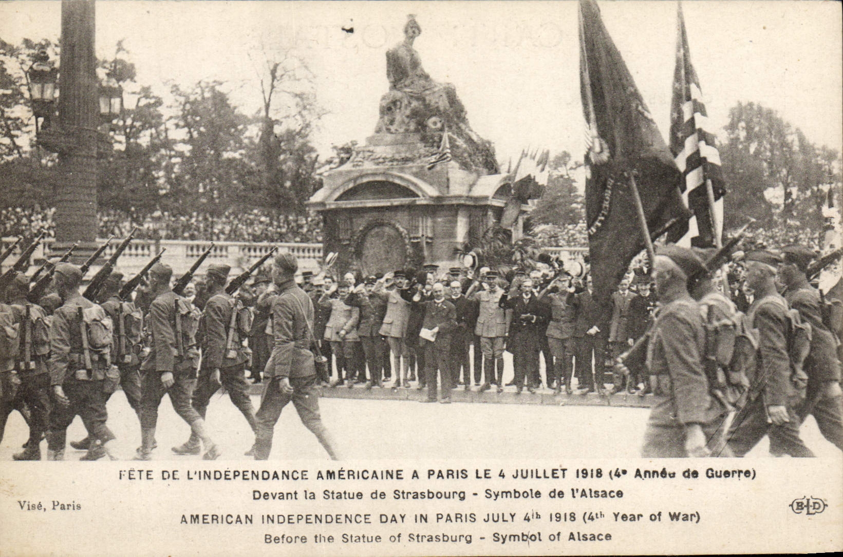 CPA Militaria Fete de l'independance americaine a Paris 4 juillet 1918 Statue de Strasbourg Alsace 