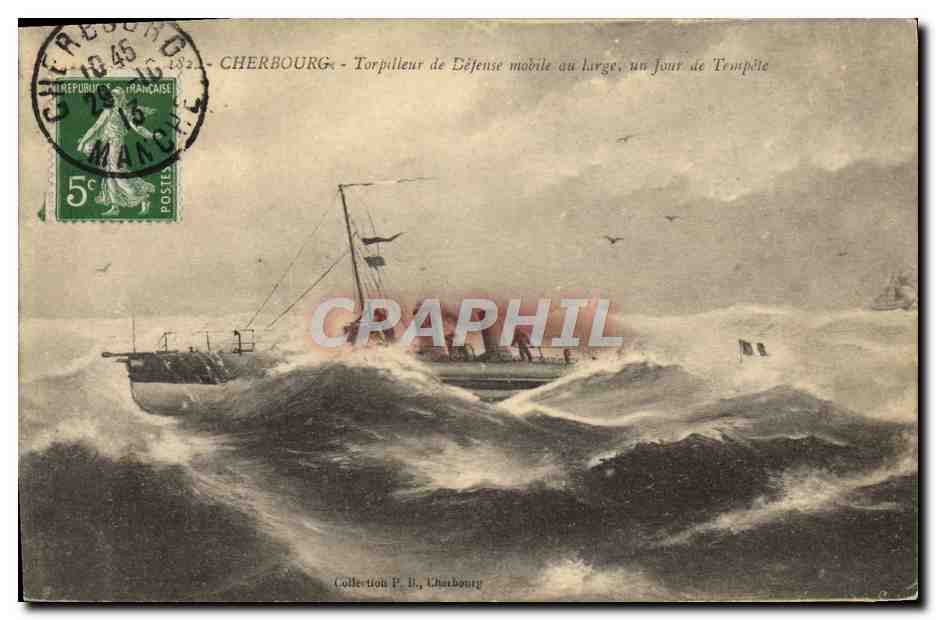 CPA Bateau Guerre Cherbourg Torpilleur de defense mobile au large un jour de tempete 