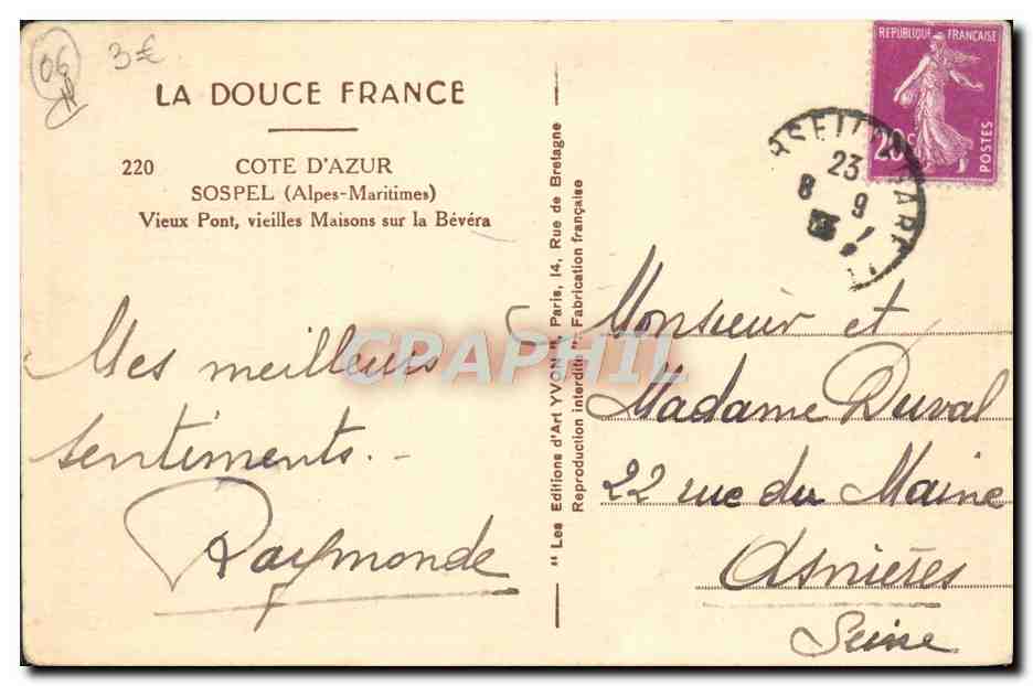 CPA Sospel Vieux Pont Vieilles Maisons sur la Bevera — Rückseite