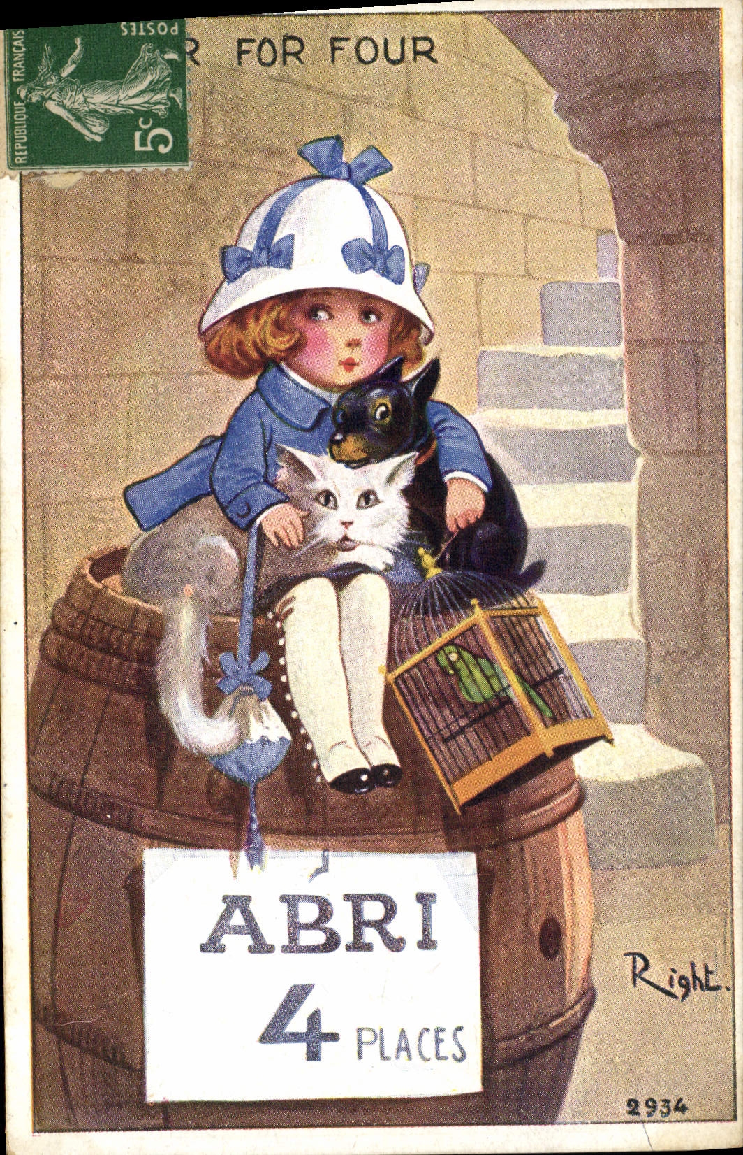 CPA Fantaisie Illustrateur Enfant Chat Chien Abri 4 place Perroquet Right