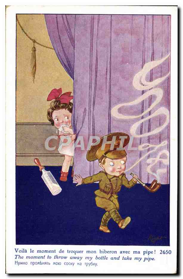 CPA Fantaisie Illustrateur Enfants Militaria Pipe Tabac