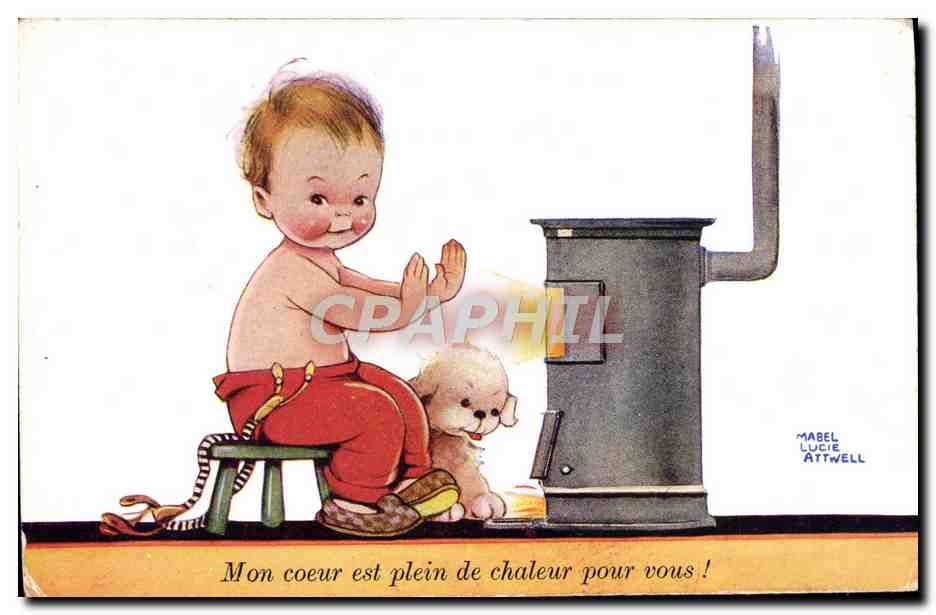 Enfant et chien près d'une cheminée — Mabel Lucie Attwell — Éditions d'Art-E.S.-Paris