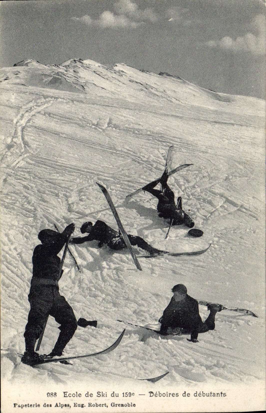 Déboires de débutants — Ecole de Ski du 159e — Papeterie des Alpes, Eug. Robert, Grenoble