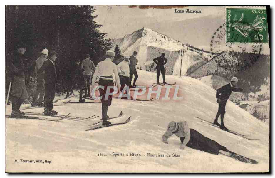 Les Alpes — Sports d'Hiver — Exercices de Skis — V. Fournier, édit. Gap, n° 1614