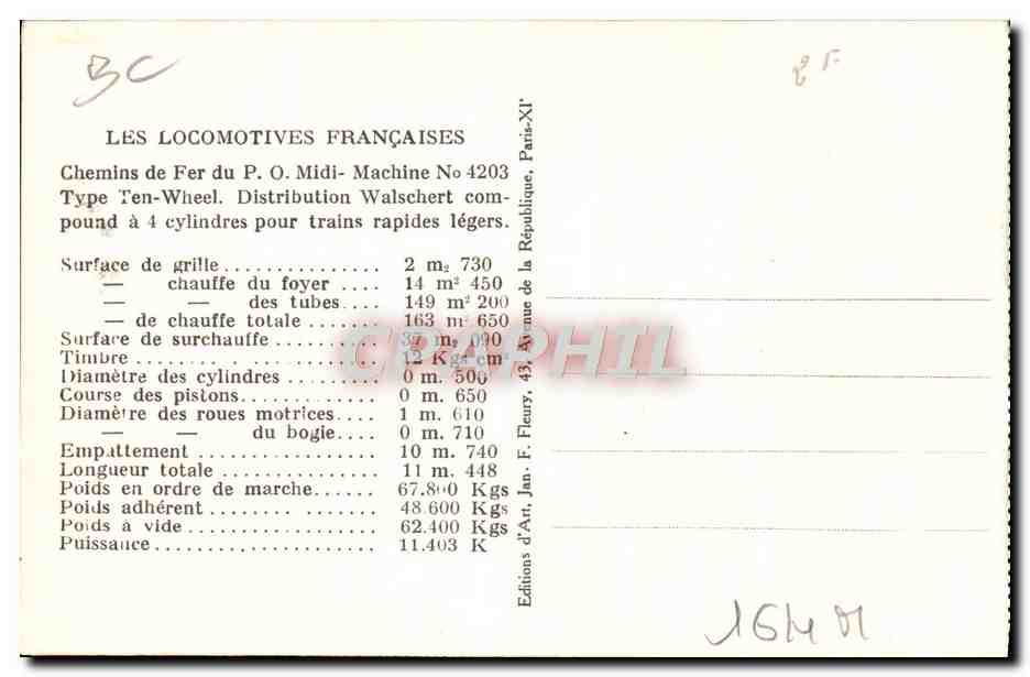 CPA Train Locomotive Chemins de fer du PO Midi Machine 4203 Type Ten Wheel — Rückseite