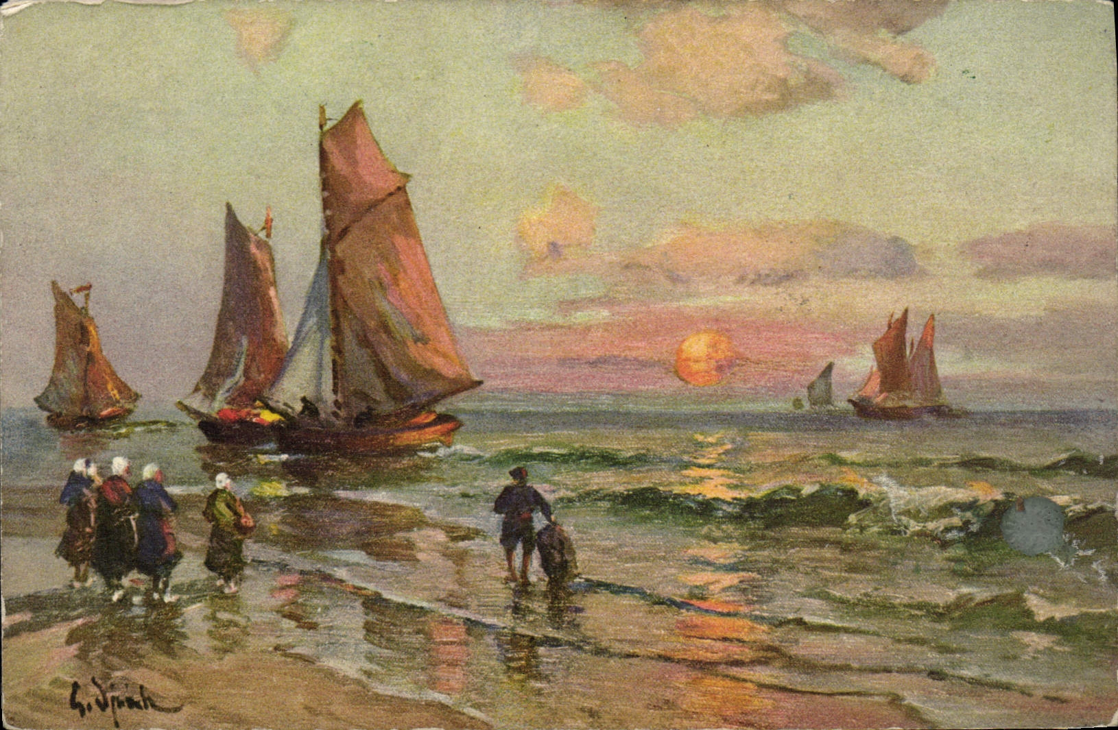 Coucher de soleil sur la mer — bateaux à voile et promeneurs — G. Jipma — No. 105/3