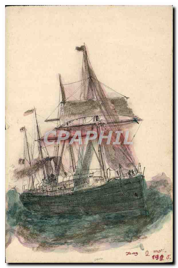 Navire à voile — dessin à l'encre et aquarelle — daté 2 mars 1920