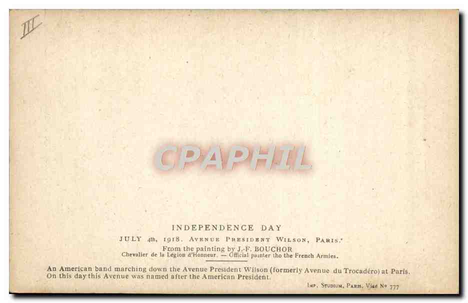 Independence Day — July 4th, 1918 — Avenue Président Wilson, Paris — J.-F. Bouchor — Verso