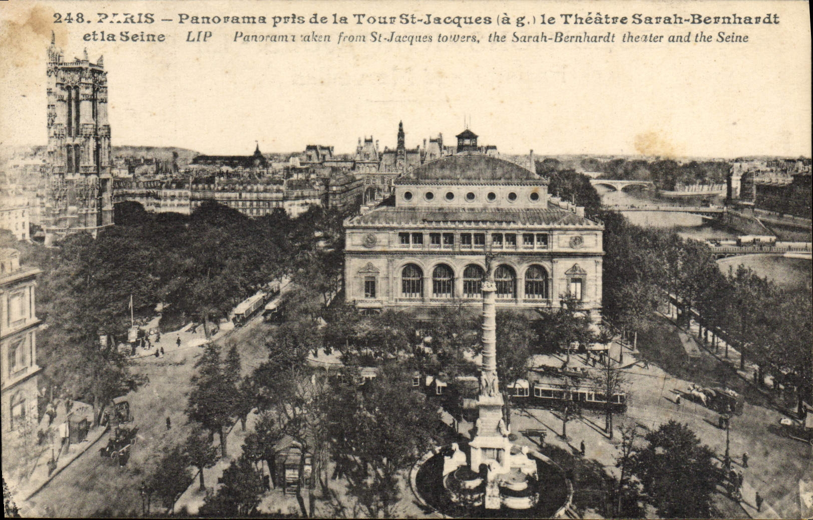 Paris — Panorama pris de la Tour St-Jacques (à g.) le Théâtre Sarah-Bernhardt et la Seine — LIP