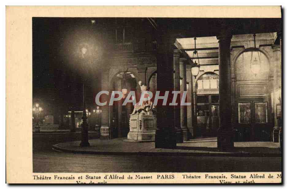 CPA Paris Theatre francais et statue d'Alfred de Musset Vue de nuit 
