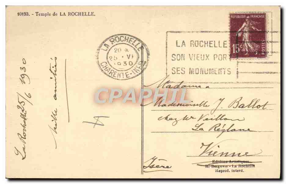 CPA Temple de la Rochelle — Verso