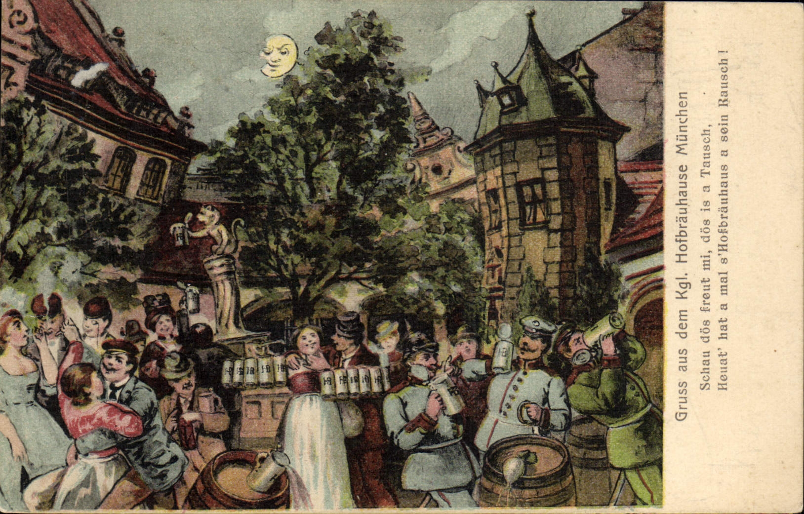 Hofbräuhaus München — scène festive sous la lune — éditeur K. Saugniniotti, n° 12