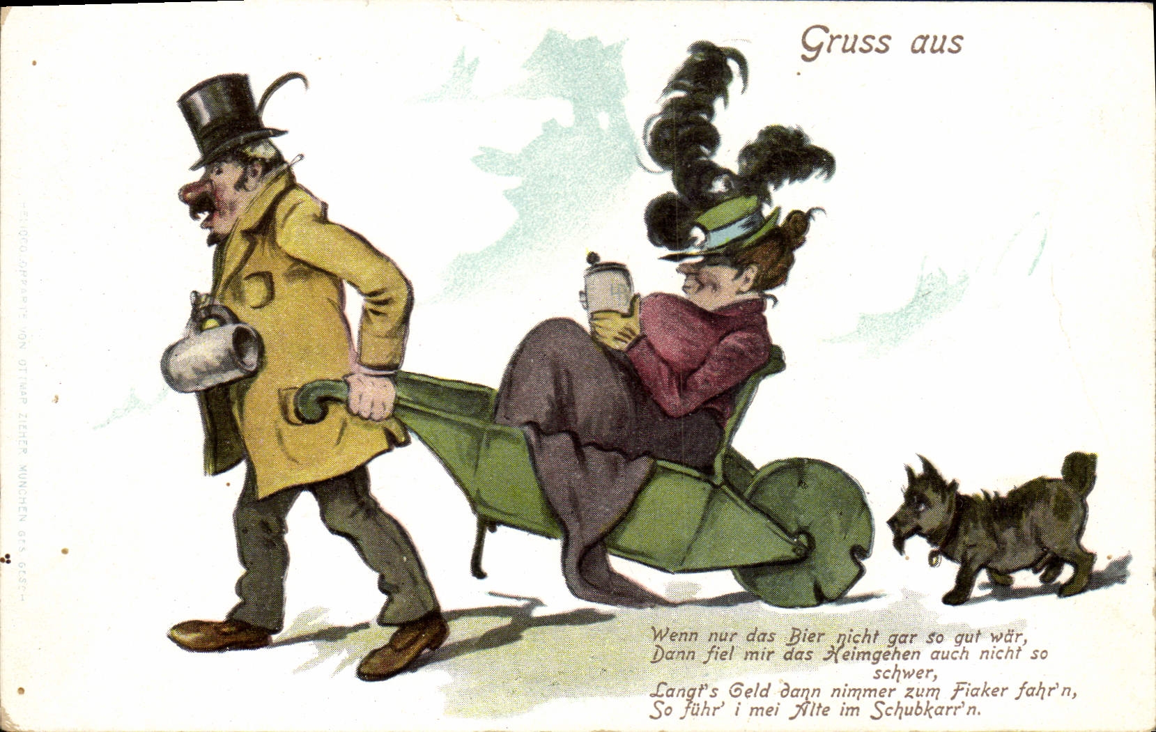 Homme et femme dans un chariot à main — caricature humoristique — éditeur ZIEFER MÜNCHEN
