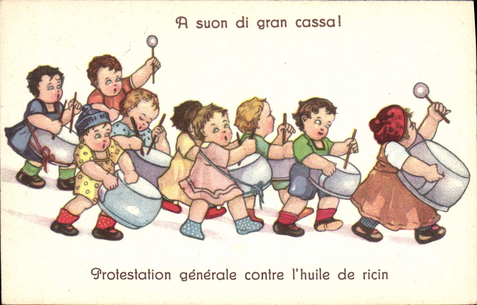 CPA Illustrateur Enfants Prostestation generale contre l'huile de ricin