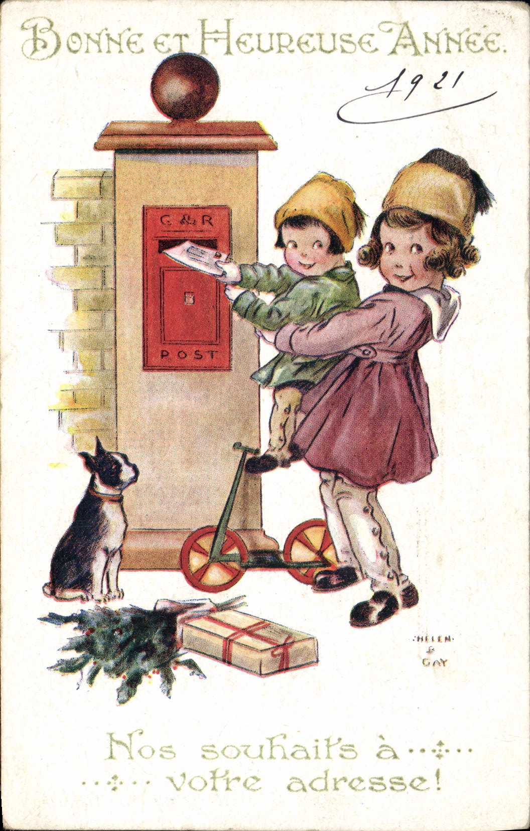 CPA Illustrateur Enfants Boite aux lettres Chien 