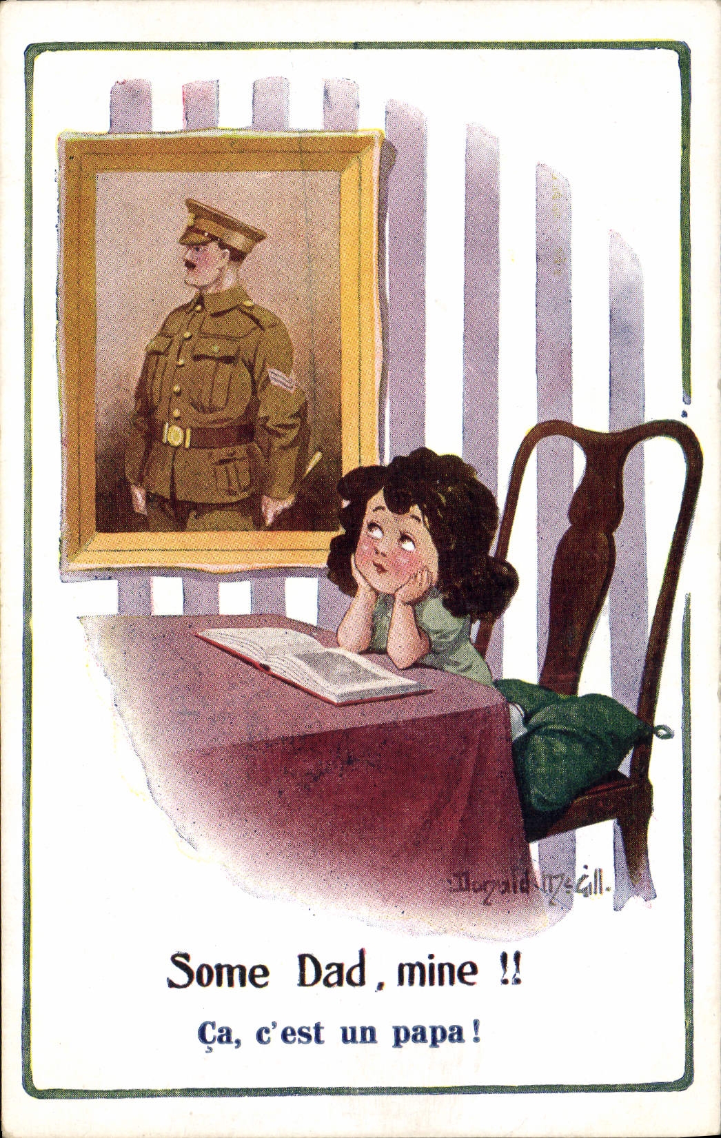 Enfant regardant un portrait de soldat — 'Some Dad, mine !!' — Donald McGill, série COMIQUE, n° L467