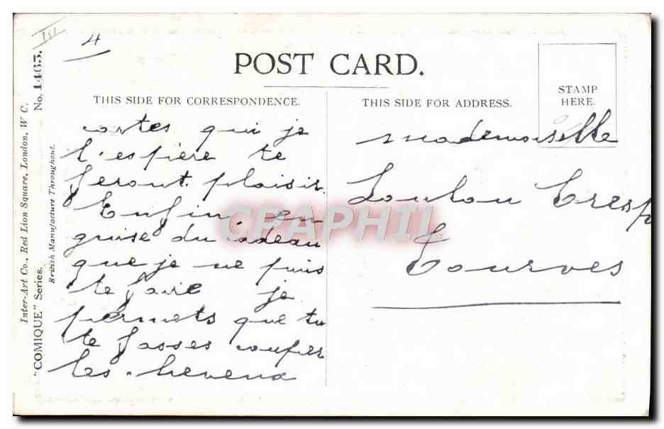 Enfant regardant un portrait de soldat — 'Some Dad, mine !!' — Donald McGill, série COMIQUE, n° L467 — Verso