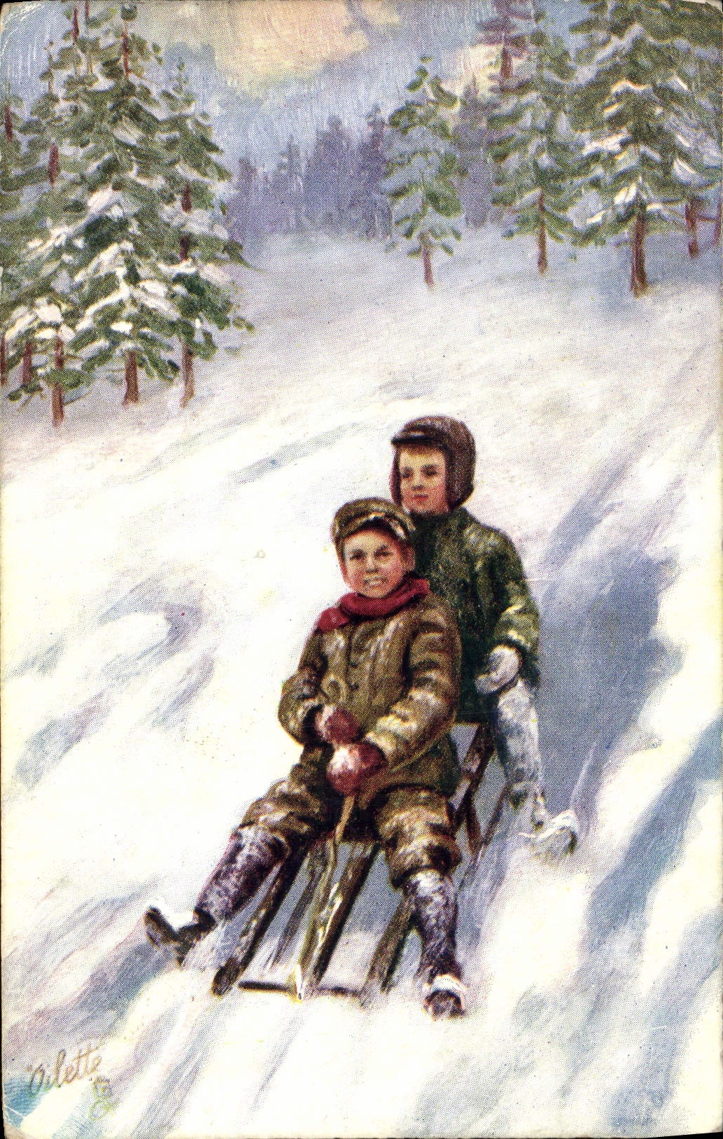Deux enfants sur une luge dans un paysage hivernal — dessin signé 'Rilette' — Tuck's Post Card
