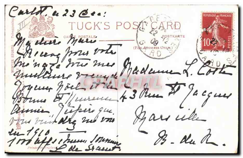 Deux enfants sur une luge dans un paysage hivernal — dessin signé 'Rilette' — Tuck's Post Card — Reverso