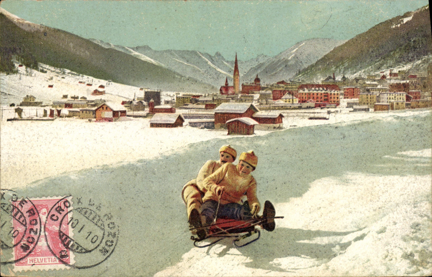 Deux enfants sur un traîneau — vue de Grindelwald — éditeur Helvetia, série V. L. II, n° 3451