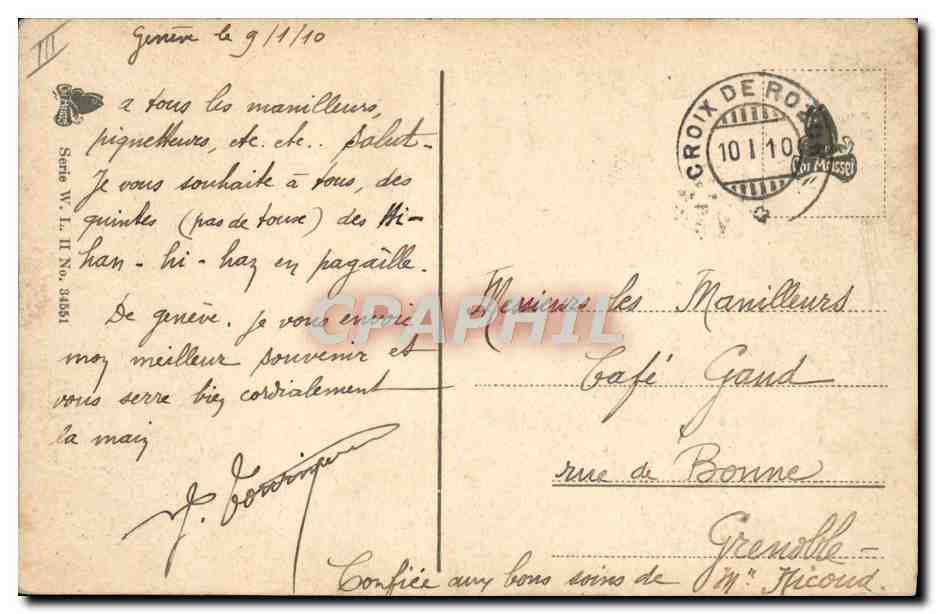 Deux enfants sur un traîneau — vue de Grindelwald — éditeur Helvetia, série V. L. II, n° 3451 — Verso