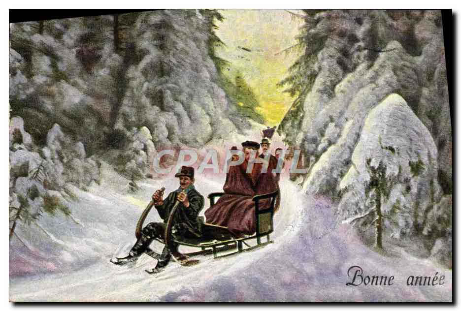 Ski dans les montagnes — Sujet : famille en traîneau — Éditeur F.E.D. No 364, imprimée en Allemagne