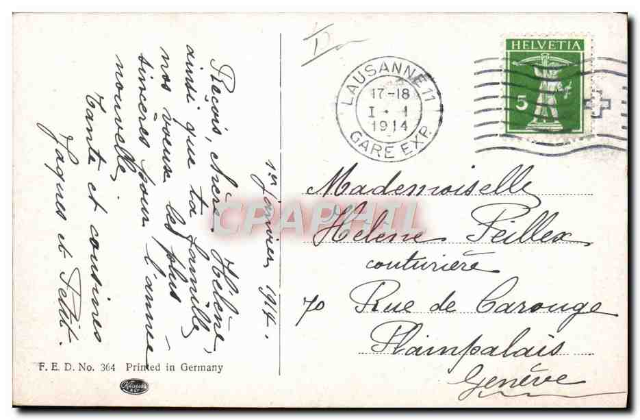 Ski dans les montagnes — Sujet : famille en traîneau — Éditeur F.E.D. No 364, imprimée en Allemagne — Reverso