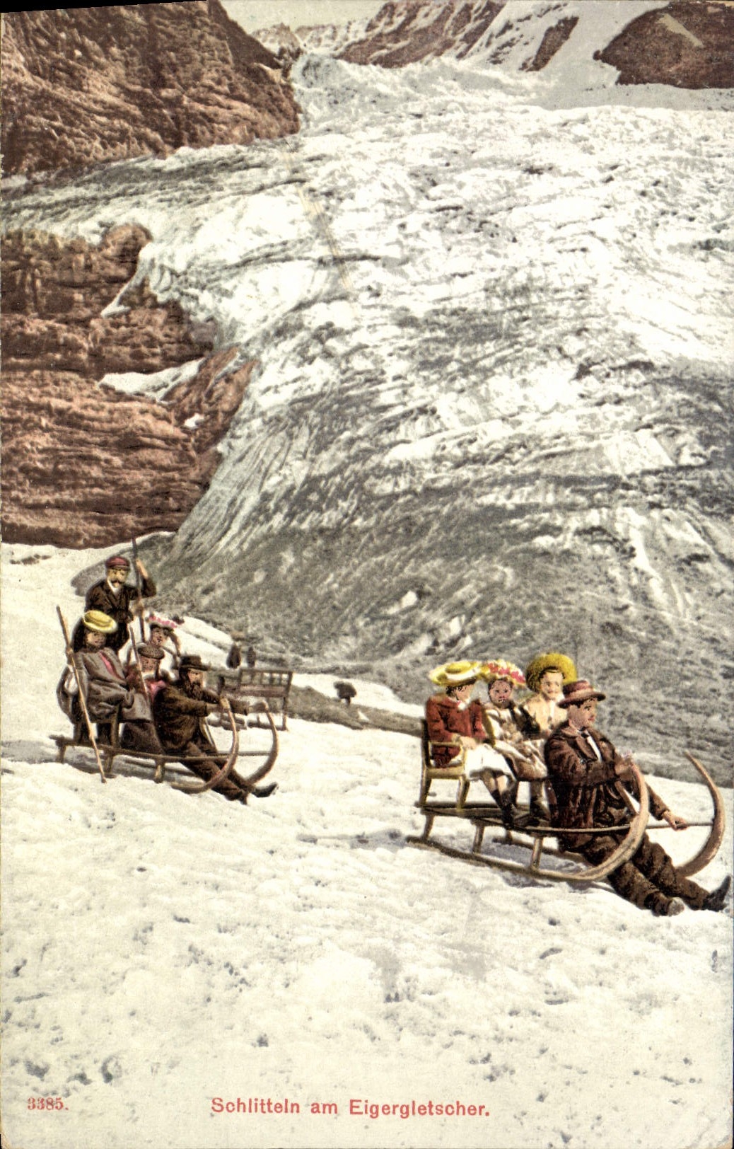Schlitteln am Eigergletscher — Glaciers de l’Eiger — Édition Photoglob Co. Zürich, n° 3385