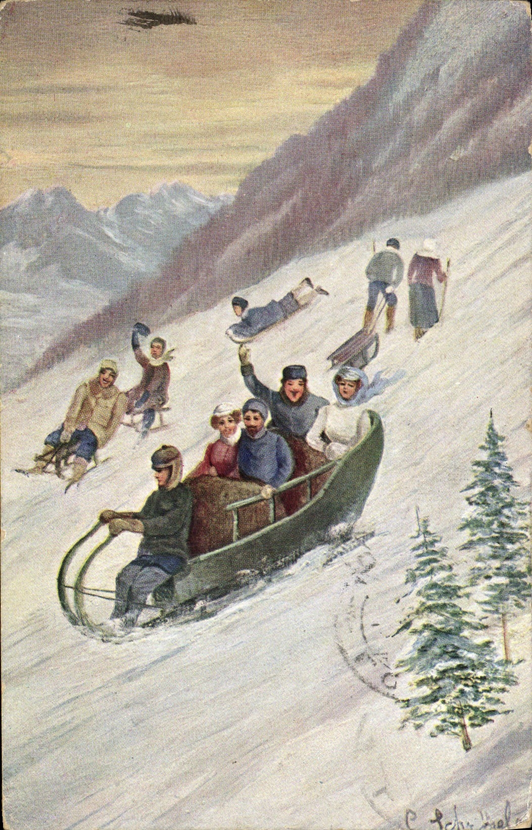 Ski et descente en traîneau — montagnes enneigées — C. Schneidler