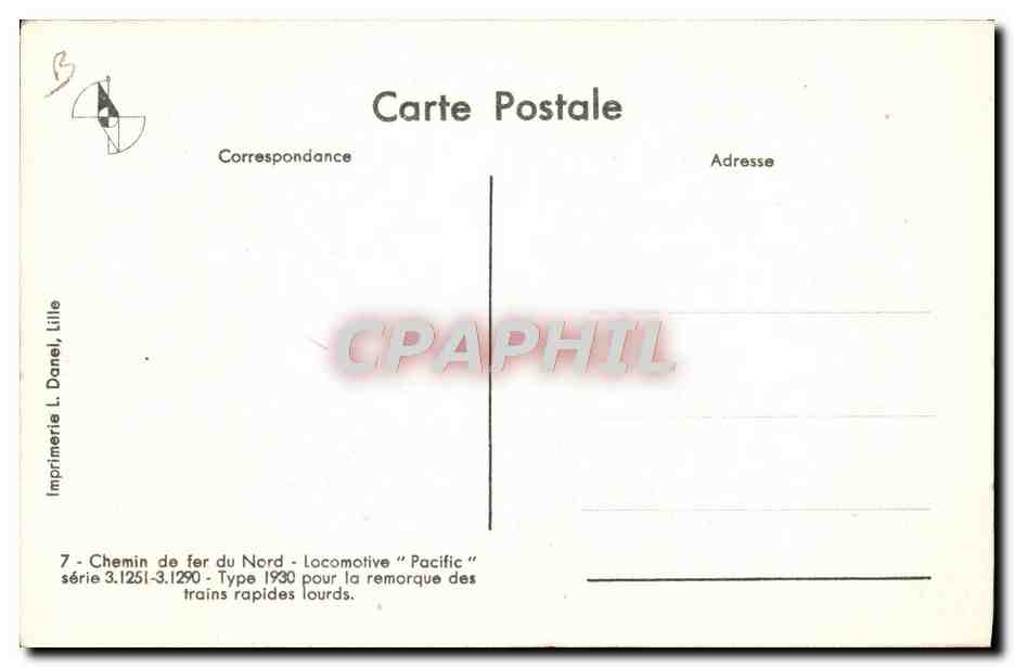 CPA Train Locomotive Chemin de fer du Nord Pacific  — Verso