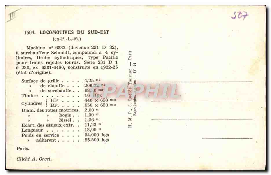 CPA Train Locomotive du Sud Est MAchine 6332 — Verso