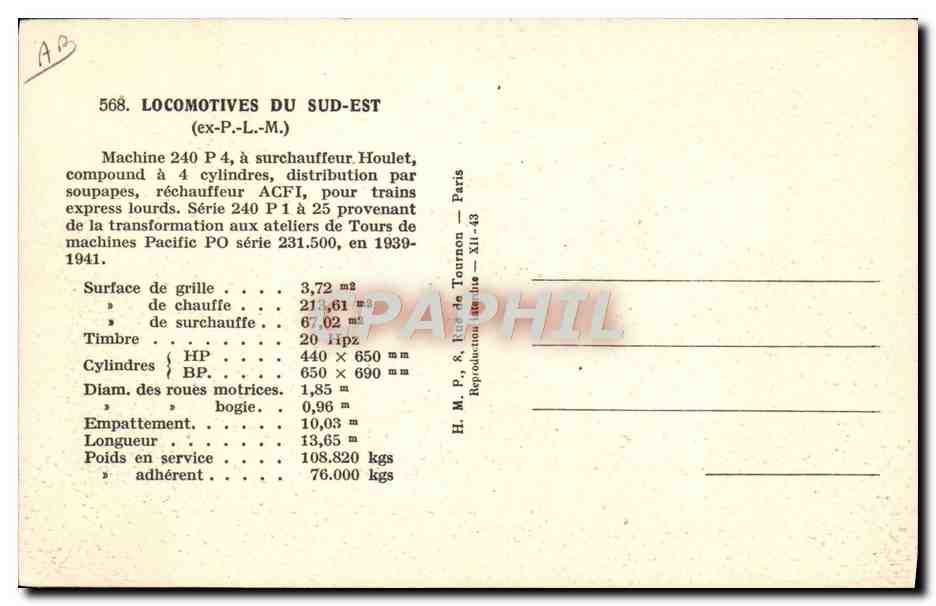 CPA Train Locomotive du Sud Est Machine 240 P 4 — Verso